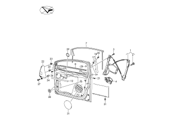 Window regulator, window guide, window aperture seal, trim for door window frame, trim with loudspeaker front