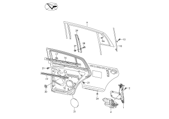 Window regulator, window guide, window aperture seal, trim for door window frame rear