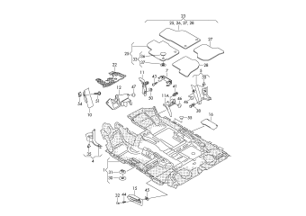 Floor covering, foot rest, a-pillar trim, floor mat lower