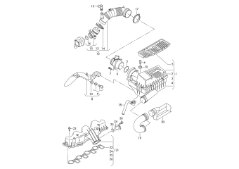 Air filter with connecting, parts, intake connection 1.6 ltr., 2.0 ltr. diesel eng.+, CAYB, CAYC, diesel eng.+, CFHB, CFHC, CLCA