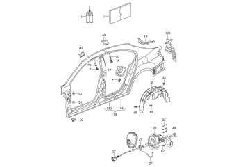Sectional part side panel, wheel housing liner, plastic flap for fuel filler with collecting tray outer