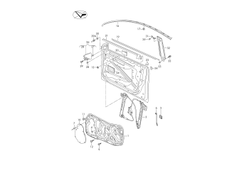 Window regulator, window guide, window aperture seal, trim for door, trim with loudspeaker front