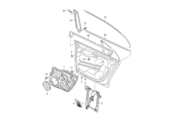 Window regulator, window guide, window aperture seal, trim for door rear