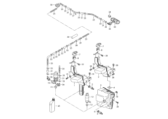 Fluid reservoir and individual parts, hose line for washer water, window cleaning solution