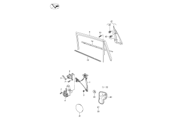 Window regulator, window guide, window aperture seal, trim for door window frame rear