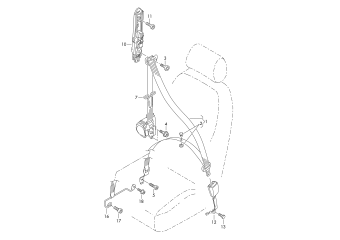 Three-point safety belt, belt latch front
