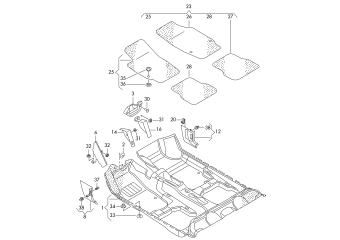 Floor covering, foot rest, a-pillar trim, floor mat, fasteners, lower