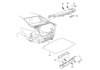 Luggage comp. floor covering, cover for lock carrier, trim for rear shelf, panel notchback