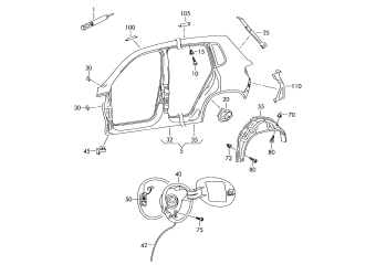 Sectional parts for the side section, fuel filler flap, wheel housing liner rear