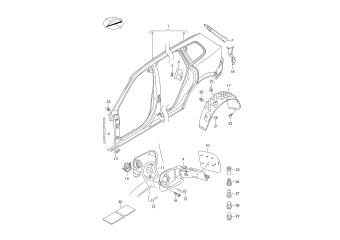 Sectional part side panel, wheel housing liner, plastic fuel filler flap, mounting for tail light outer rear right