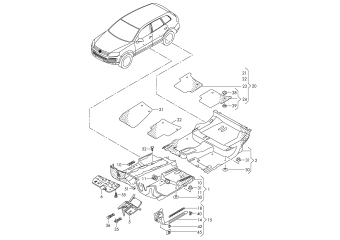 Floor covering, cover under dashboard, a-pillar trim, floor mat lower textile