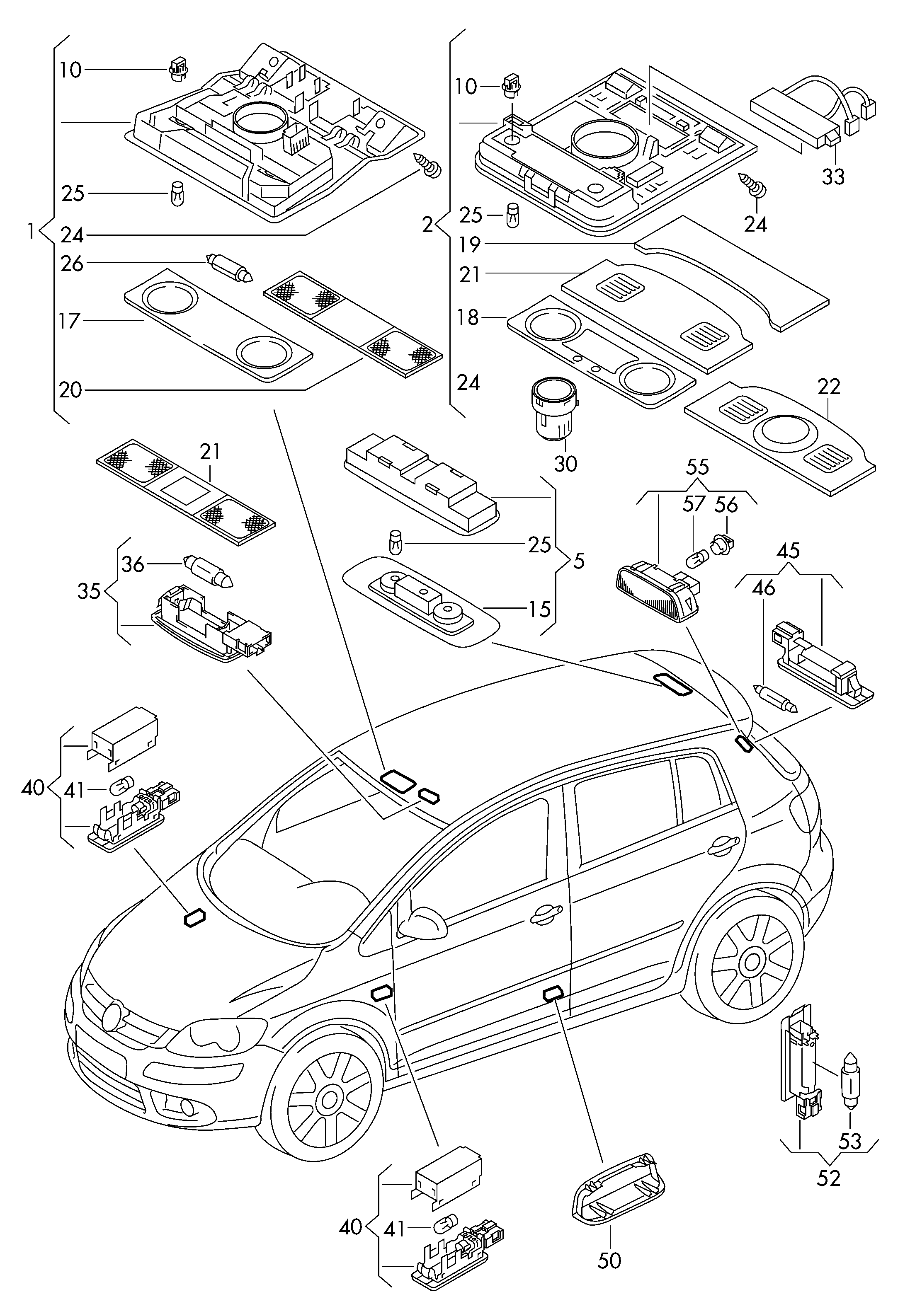 Interior and reading light, vanity light, footwell light, glove compartment lid light, entry light, luggage compartment light, rear light reflector Volkswagen Golf Plus 2012-2014 EUR Interior and reading light, vanity light, footwell light, glove compartment lid light, entry light, luggage compartment light, rear light reflector Volkswagen Golf Plus 2012-2014 EUR